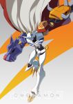  arm_blade armor blue_eyes cape character_name degarashi_(ponkotsu) digimoji digimon digimon_(creature) full_body gradient_background grey_background highres horns multiple_heads omegamon red_cape shield shoulder_armor spikes two-sided_cape two-sided_fabric weapon white_armor white_cape 