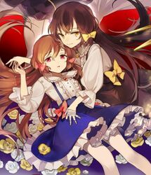  2girls bandaged_hand bandages black_hair bow bowtie brown_eyes brown_hair dress dress_shirt enjel facing_viewer flower frilled_dress frilled_shirt frills goldia_die_heilige hair_tie holding_hands light_smile lisette_(pocket_mirror) looking_at_another looking_to_the_side lying multiple_girls non-web_source on_back pocket_mirror red_eyes shirt skirt suspender_skirt suspenders white_shirt wind 