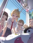  2boys 2girls backpack bag black-framed_eyewear blonde_hair blue_sky blurry blurry_foreground bracelet brown_eyes brown_hair clouds collared_shirt crane_game english_commentary fang finger_to_own_chin from_below glasses high_ponytail highres jewelry long_hair multiple_boys multiple_girls necktie open_mouth original pleated_skirt power_lines red_necktie seuhyo99 shirt shirt_tucked_in short_hair short_sleeves skirt sky smile stuffed_animal stuffed_toy t-shirt tree utility_pole watch white_shirt 