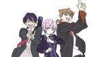  1girl 2boys ahoge aiming aiming_at_viewer bag black_jacket black_necktie blazer blue_eyes boy_sandwich brown_eyes brown_hair commentary_request crazy_smile earrings finger_gun furrowed_brow fushimi_gaku fushimi_gaku_(1st_costume) grey_eyes grey_sweater hair_flaps hand_wraps hands_up highres jacket jewelry kenmochi_touya kenmochi_touya_(1st_costume) long_sleeves looking_at_another looking_at_viewer looking_to_the_side medium_hair multiple_boys necktie nijisanji open_clothes open_jacket open_mouth own_hands_together pink_hair ponytail purple_hair purple_jacket red_necktie sandwiched school_uniform shaded_face shirt short_hair short_ponytail shoulder_bag simple_background smile sweater theco_2 upper_body virtual_youtuber weapon_case white_background white_shirt wide-eyed yuuhi_riri yuuhi_riri_(1st_costume) 