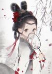  1girl black_hair branch brown_eyes chinese_clothes earrings facial_mark flower forehead hair_ornament hand_fan hanfu highres holding holding_fan jewelry long_sleeves petals procreate_(medium) qixiong_ruqun rabbit_hairstyle ruqun solo tuanshan upper_body wenwen_ww willow 