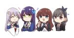  4girls :d ^_^ arm_at_side arms_at_sides assault_lily black_bow black_gloves black_hairband black_jacket black_necktie black_ribbon blue_eyes blue_jacket blush bow bow_hairband bowtie brown_hair butterfly_hair_ornament chibi closed_eyes closed_mouth collared_shirt commentary_request criss-cross_halter cropped_jacket cropped_torso crossed_arms detached_sleeves epaulettes flower funada_kiito funada_ui gloves grey_hair hair_bow hair_flower hair_ornament hair_ribbon hairband half_gloves halterneck hand_up hands_up jacket japanese_clothes juliet_sleeves kaede_johan_nouvel kimono kuroki_francisca_yuria long_hair long_sleeves looking_ahead looking_at_viewer ludvico_private_girls&#039;_academy_school_uniform medium_hair mole mole_under_eye mole_under_mouth motion_lines multiple_girls neck_ribbon necktie nigari_(ngari_0115) notice_lines open_mouth own_hands_together palms_together partially_fingerless_gloves pink_bow pink_bowtie pink_flower puffy_sleeves purple_hair raised_eyebrow red_eyes red_ribbon ribbon school_uniform second-party_source shirt siblings sidelocks simple_background sisters smile upper_body wavy_hair white_background white_kimono white_ribbon white_shirt wide_sleeves yurigaoka_girls_academy_school_uniform 