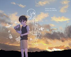  1boy black_eyes black_hair black_sweater_vest blush bouquet brown_shorts closed_mouth collared_shirt highres holding holding_bouquet looking_at_viewer mozukusa omori omori_(omori) shirt short_hair short_sleeves shorts standing sunny_(omori) sweater_vest 