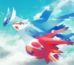  blue_sky closed_mouth clouds day flying happy latias latios looking_at_another no_humans open_mouth outdoors pokemon pokemon_(creature) red_eyes satan_(zoroa553) sky smile wings yellow_eyes 