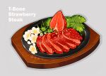  flower food food_focus food_name grey_background meat no_humans original shi_jun_ti simple_background steak tray wooden_tray 