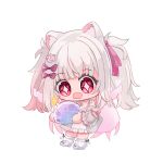  1girl absurdres animal_ear_fluff animal_ears black_bow bow cactusxii chibi dog_ears dog_girl dress gram_pico grey_hair grey_jacket hair_bow hair_ribbon highres holding jacket long_hair open_mouth paw_hair_ornament phase_connect pink_bow pink_eyes pink_ribbon pom_pom_(clothes) ribbon second-party_source shoes socks solo sparkle sparkling_eyes twintails virtual_youtuber white_bow white_dress white_footwear white_socks 