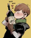  1boy alcohol blush bottle brown_gloves brown_hair chilchuck_tims closed_eyes dungeon_meshi fingerless_gloves gloves heart highres holding holding_bottle kissing_object male_focus neck_warmer signature simple_background solo tmr0621 upper_body wine_bottle yellow_background 