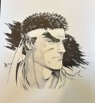  black_hair dougi hatching_(texture) headband highres iban_coello karate_gi linear_hatching monochrome ryu_(street_fighter) serious short_hair simple_background sketch street_fighter thick_eyebrows 