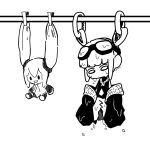  character_doll character_request clothes_pin clothesline doll drying eyewear_on_head full_body greyscale hatsune_miku monochrome open_mouth sarashina_luna simple_background smile vocaloid wet white_background 