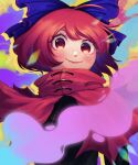  1girl absurdres black_shirt blue_bow bow capelet carnelscorner closed_mouth commentary english_commentary hair_bow highres long_sleeves looking_at_viewer medium_hair red_capelet red_eyes redhead sekibanki shirt smile solo touhou upper_body 