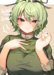  1girl absurdres blush breasts dress glint green_dress green_eyes green_hair heart highres jewelry large_breasts looking_at_viewer ring short_hair simple_background smile soga_no_tojiko solo takana_(forsterite) touhou two-tone_background upper_body wedding_ring 