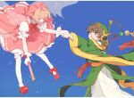  1boy 1girl blue_sky bow brown_eyes brown_hair cardcaptor_sakura chinese_clothes closed_eyes coat dress flying footwear_bow green_coat hat highres holding holding_hands holding_wand kinomoto_sakura li_syaoran looking_at_another magical_girl open_mouth pink_dress rii2a77ru short_hair sky sword sword_on_back tassel thigh-highs wand weapon weapon_on_back white_thighhighs wide_sleeves wings 
