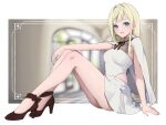  1girl black_footwear blonde_hair blue_eyes blurry blurry_background breasts campbell_xx capelet dress earrings gigi_andalusia gundam gundam_hathaway&#039;s_flash hair_behind_ear highres jewelry long_hair looking_at_viewer pink_lips sitting small_breasts smile solo triangle_earrings white_background white_capelet white_dress 