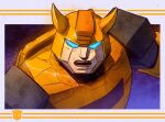  angry autobot blue_eyes bumblebee_(transformers) damaged dave_rapoza emblem english_commentary glowing glowing_eyes horns insignia looking_at_viewer mecha no_humans portrait robot science_fiction shouting starry_background teeth transformers transformers:_generation_1 upper_body western_comics_(style) 