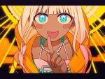  1girl 4_(nakajima4423) bead_necklace beads bikini black_background blue_eyes blunt_bangs blush_stickers clouds commentary_request danganronpa_(series) danganronpa_v3:_killing_harmony dark-skinned_female dark_skin eyelashes finger_to_mouth fingernails frilled_bikini frills hair_over_shoulder hood hood_down hooded_coat jewelry letterboxed long_hair long_sleeves looking_at_viewer low_twintails necklace open_mouth ribbon shell shell_necklace smile solo spaghetti_strap sparkling_eyes star_(symbol) star_in_eye straight-on sunlight swimsuit symbol_in_eye twintails upper_body white_bikini white_hair white_ribbon yellow_raincoat yonaga_angie 