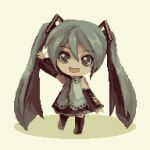  1girl aqua_eyes aqua_hair black_footwear black_necktie boots chibi daisen_(specialdaisen) detached_sleeves dress full_body hatsune_miku long_hair looking_at_viewer necktie open_mouth pixel_art simple_background smile solo standing twintails very_long_hair vocaloid waving 