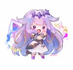  1girl :d bracelet chibi dress highres hololive hololive_english jewelry koseki_bijou long_hair open_mouth own_hands_together purple_hair shibedraws simple_background smile solo standing twitter_username very_long_hair violet_eyes virtual_youtuber white_background white_dress 