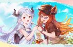  2girls alternate_costume animal_ears anthuria backpack bag bead_bracelet beads bracelet contemporary draph dress erune feeding food gradient_hair granblue_fantasy hair_ornament hairclip horns ice_cream izmir jacket jewelry long_hair looking_at_viewer mole mole_under_mouth multicolored_hair multiple_girls official_art one_eye_closed open_mouth orange_hair pointy_ears red_eyes redhead shared_food smile spoon strap sunglasses takoyaki upper_body watch white_dress white_hair 