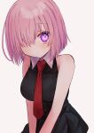 1girl absurdres bare_shoulders black_dress blush breasts closed_mouth collared_dress commentary_request dress fate/grand_order fate_(series) hair_over_one_eye harukappa highres looking_at_viewer mash_kyrielight medium_breasts necktie one_eye_covered pink_hair red_necktie short_hair simple_background sleeveless sleeveless_dress smile solo violet_eyes white_background