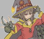  1girl adjusting_clothes adjusting_headwear anachronism black_cape breasts brown_hair cape dress explosive fingerless_gloves gloves grenade grenade_pin kono_subarashii_sekai_ni_shukufuku_wo! megumin mouth_hold pantsu-ripper red_dress red_eyes small_breasts smile solo sparkle upper_body v-shaped_eyebrows watermark web_address witch 