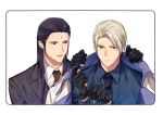  2boys adjusting_clothes adjusting_gloves bindi black_gloves black_hair black_jacket black_necktie black_suit blonde_hair blue_eyes border brown_eyes coat collared_shirt earrings final_fantasy final_fantasy_vii final_fantasy_vii_rebirth final_fantasy_vii_remake gloves grey_shirt hair_pulled_back jacket jacket_on_shoulders jewelry long_hair male_focus multiple_boys necktie parted_bangs parted_lips rufus_shinra shirt short_hair sidelocks suit suit_jacket talking tseng upper_body white_background white_border white_coat white_shirt yunyunonigiri 