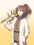  1girl bear_hair_ornament brown_hair carmen_(project_moon) closed_eyes coat collared_shirt flower green_shirt hair_ornament high_ponytail highres lab_coat lobotomy_corporation long_hair non-web_source project_moon shirt solo source_request upper_body very_long_hair white_coat yellow_background 