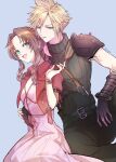  1boy 1girl 26caaan aerith_gainsborough armor belt belt_buckle black_belt black_gloves black_pants blonde_hair blue_background blush brown_hair buckle cloud_strife commentary cropped_jacket dress final_fantasy final_fantasy_vii forehead gloves green_eyes hand_on_another&#039;s_hip highres jacket looking_at_another looking_at_viewer open_mouth pants parted_bangs pauldrons pink_dress red_jacket ribbed_sweater short_sleeves shoulder_armor sidelocks simple_background single_pauldron sitting smile spiky_hair sweater turtleneck turtleneck_sweater twitter_username 