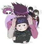  1girl 3boys ? ?? @_@ alien animal_ear_headwear animal_ears artist_name asymmetrical_sleeves baseball_cap beanie black_eyes black_hat black_jacket black_sailor_collar black_shirt black_sleeves blanko! blue_hair blue_shirt blunt_bangs blush_stickers bow bowtie brown_hair buttons cat_ears cigarette closed_mouth coat coat_partially_removed collared_jacket collared_shirt confused covered_mouth cropped_torso crossed_arms danganronpa_(series) danganronpa_v3:_killing_harmony english_text eyelashes fake_animal_ears fingernails frown grey_jacket grey_sleeves hair_between_eyes hair_ornament hair_scrunchie half-closed_eyes hand_on_own_chin hands_on_another&#039;s_head harukawa_maki hat high_collar highres holding holding_cigarette hoshi_ryoma imagining jacket layered_sleeves leather leather_jacket long_hair long_sleeves looking_at_another looking_to_the_side low_twintails mismatched_sleeves momota_kaito mouth_hold multiple_boys nervous_sweating parted_lips pink_coat pink_sleeves purple_hair red_scarf red_shirt red_sleeves saihara_shuichi sailor_collar sailor_shirt scarf scrunchie shaded_face shirt short_hair simple_background sleeves_past_elbows spiky_hair striped_clothes striped_shirt sweat sweatdrop teeth thinking twintails two-tone_shirt very_long_hair violet_eyes white_background white_bow white_bowtie zipper 