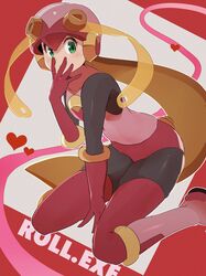  1girl 3suisousui absurdres black_bodysuit blonde_hair bodysuit boots full_body green_eyes helmet highres leotard long_hair mega_man_(series) mega_man_battle_network_(series) netnavi pink_footwear pink_helmet pink_leotard red_background roll.exe_(mega_man) solo 
