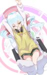  1girl absurdres black_shorts blue_hair feet foot_focus full_body glasses headset highres lying on_back original shirt shorts smile socks solo twintails vest wep16night white_shirt yellow_vest 