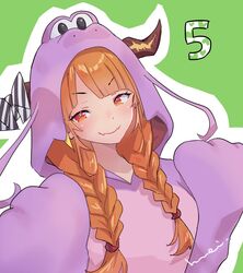  1girl blonde_hair braid dragon_girl dragon_horns fangs green_background hololive horns kiryu_coco kiryu_coco_(dragon_onesie) kyou_fumei long_hair looking_at_viewer multicolored_hair official_alternate_costume orange_hair red_eyes skin_fangs smile solo streaked_hair twin_braids twintails virtual_youtuber 