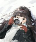  2girls black_coat black_hair blush camera cardcaptor_sakura coat daidouji_tomoyo gloves grey_eyes hairband highres holding holding_camera kinomoto_sakura ling5707 long_hair lying multiple_girls on_back red_gloves reflection scarf snow upper_body white_scarf winter winter_clothes 