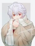  1boy chibi_ake closed_mouth coat grey_background grey_coat hands_up highres jewelry kuga_yuuma long_sleeves looking_at_viewer male_focus multiple_girls red_eyes ring shirt short_hair signature smile solo twitter_username upper_body white_hair white_shirt world_trigger 