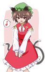  1girl :d animal_ears brown_hair cat_ears cat_tail chen commentary_request dress hat looking_at_viewer mob_cap multiple_tails musical_note nekomata red_dress red_eyes shio_(futatsumami) short_hair smile solo spoken_musical_note tail touhou two_tails 