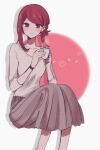  1girl blush bracelet cup drop_shadow holding holding_cup invisible_chair jewelry looking_at_viewer maco22 mug original ponytail red_eyes redhead sitting skirt smile solo steam sweater 