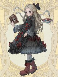  1girl black_bow black_dress book bow brown_footwear checkerboard_cookie cookie dairoku_ryouhei dessert dress dress_bow earrings food full_body gothic_lolita grey_eyes grimoire jewelry kajaneko lolita_fashion long_hair long_sleeves pantyhose red_bow snake_hair solo standing virginia_luxuria yellow_background 