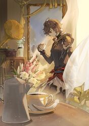  1boy ahoge armor belt blue_belt breastplate brown_hair brown_wings coffee coffee_pot feathers fingerless_gloves gloves granblue_fantasy highres hip_armor hood hood_down messy_hair mirror phonograph sandalphon_(granblue_fantasy) solo wings youmicitrustea 