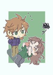  2boys blue_jacket bright_pupils brown_hair brown_pants burn_scar chibi chibi_only closed_eyes commentary_request gigantea_pp green_eyes green_shirt grey_pants hands_in_pockets isoi_reiji jacket korean_commentary long_hair long_sleeves lying male_focus medium_hair multiple_boys notice_lines on_side open_clothes open_jacket open_mouth outline pants parted_bangs saibou_shinkyoku scar scar_on_hand shirt short_sleeves smile squiggle t-shirt teardrop v-neck white_outline white_pupils 