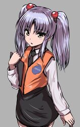  1girl arm_at_side black_necktie black_skirt blue_hair blush clipboard collared_shirt commentary cowboy_shot dress_shirt emblem grey_background hair_bobbles hair_ornament hand_up holding holding_clipboard hoshino_ruri kidou_senkan_nadesico long_hair long_sleeves looking_ahead necktie orange_vest parted_bangs parted_lips pencil_skirt raseruta shirt simple_background skirt solo standing twintails uniform vest white_shirt yellow_eyes 