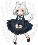  1girl animal_ears azuchi_momo_(artist) black_dress blue_ribbon brown_footwear cat_ears cat_girl cat_tail dress full_body grey_hair highres indie_virtual_youtuber loafers long_sleeves looking_at_viewer medium_hair neck_ribbon open_mouth protected_link ribbon sayonaka_(vtuber) shoes sleeve_cuffs socks solo tail tareme text_background v_arms violet_eyes virtual_youtuber white_background white_socks 