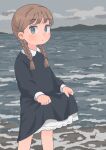  1girl black_dress blue_eyes blush braid brown_hair child closed_mouth clothes_lift clouds collared_dress dress dress_lift hare_(tsooy18pjwdw21h) horizon layered_dress lifting_own_clothes long_sleeves ocean original outdoors sky solo standing twin_braids water 