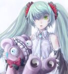 1girl bandage_over_one_eye blue_hair collared_shirt detached_sleeves frilled_shirt_collar frills green_eyes hair_ornament hatsune_miku holding holding_stuffed_toy leaf_(lily123402) looking_at_viewer nail_polish necktie shirt sleeveless sleeveless_shirt solo stuffed_animal stuffed_toy teddy_bear teeth tsumi_to_batsu_(vocaloid) twintails vocaloid 