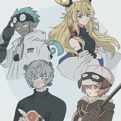  2boys 2girls animal_ears arknights bags_under_eyes bear_boy bear_ears black_gloves black_shirt blonde_hair bright_pupils brown_coat brown_eyes brown_hair coat cropped_torso crossed_arms dark-skinned_male dark_skin dog_ears ethan_(arknights) fingerless_gloves gloves goggles goggles_on_headwear grey_eyes grey_hair greyy_(arknights) hair_between_eyes jaye_(arknights) leizi_(arknights) mask mouth_mask multiple_boys multiple_girls reptile_boy shirt short_hair sirakaro white_coat white_hat white_pupils zipper_pull_tab 