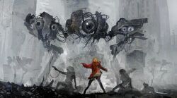  3others ambiguous_gender arm_up black_pants building cable commentary_request cover cover_page gun holding holding_gun holding_weapon kohata_(kohatazuke) long_sleeves multiple_others novel_cover one-eyed orange_hair original pants partially_colored post-apocalypse red_hood robot science_fiction silhouette size_difference translation_request weapon 