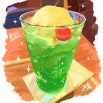  absurdres cherry cup drink drinking_glass food food_focus fruit highres ice_cream ice_cream_float melon_soda napkin no_humans original table takisou_sou 