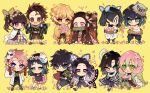  6+boys 6+girls ? agatsuma_zenitsu apron black_dress black_jacket blue_eyes blush bouquet brown_hair couple demon_slayer_uniform dress flower fox_mask giving_flower gradient_hair green_jacket haori hashibira_inosuke hetero holding holding_bouquet iguro_obanai jacket japanese_clothes kaburamaru kamado_nezuko kamado_tanjirou kanroji_mitsuri kanzaki_aoi_(kimetsu_no_yaiba) kimetsu_no_yaiba kochou_shinobu long_hair long_sleeves makomo_(kimetsu) mask mask_on_head multicolored_hair multiple_boys multiple_girls orange_hair pink_flower pink_hair purple_hair sabito_(kimetsu) sapphire_(nine) simple_background snake streaked_hair tomioka_giyuu tsuyuri_kanao very_long_hair violet_eyes white_apron wide_sleeves yellow_background yellow_eyes yellow_jacket 