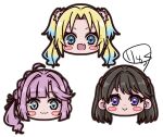  3girls :3 :d ahoge anyoji_hime aozora_ryukku black_ribbon blonde_hair blue_eyes blue_hair blunt_bangs blush_stickers brown_hair c: chibi chibi_only closed_mouth commentary_request fang flower fujishima_megumi gradient_hair hair_flower hair_intakes hair_ornament hair_ribbon light_blue_hair link!_like!_love_live! long_hair looking_at_viewer love_live! mira-cra_park! multi-tied_hair multicolored_hair multiple_girls open_mouth osawa_rurino parted_bangs pink_flower pink_hair ponytail ribbon sidelocks signature skin_fang smile swept_bangs thick_outlines twintails two_side_up violet_eyes virtual_youtuber white_background white_flower 