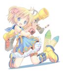 1girl absurdres blonde_hair boots child copyright_request crayon dress frills hair_ornament hairclip highres pop_(electromagneticwave) rocket_launcher short_hair solo weapon 