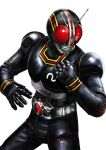  1987 1boy antennae armor belt black_armor clenched_hand contrapposto fighting_stance gloves glowing highres kamen_rider kamen_rider_black kamen_rider_black_(series) kingstone male_focus masukudo_(hamamoto_hikaru) open_hand red_eyes rider_belt solo standing white_background 