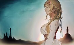  ._(kometto333) 1girl blonde_hair braid breasts building closed_eyes closed_mouth crown_braid dress flower from_side grave hair_flower hair_ornament hair_over_shoulder highres large_breasts long_hair original sky solo white_dress 